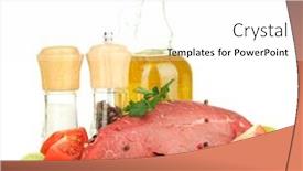  Presentation with cooking oil - Slides with raw beef meat marinated with herbs spices and cooking oil isolated on white background and a white colored foreground