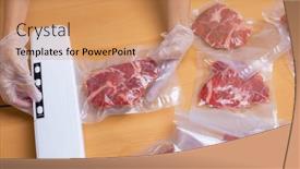  Presentation with shrink - PPT theme enhanced with raw-beef-meat-sealed background and a coral colored foreground