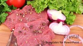  Presentation with meat beef - Audience pleasing PPT theme consisting of raw beef meat with vegetables on table close up backdrop and a coral colored foreground