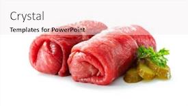  Presentation with beef - Beautiful presentation theme featuring raw-beef-roulades-isolated backdrop and a sky blue colored foreground