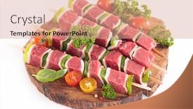  Presentation with beef - PPT theme enhanced with raw-beef-skewer background and a coral colored foreground