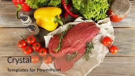 Presentation with fresh fruits vegetables groceries paper - Amazing slide set having raw beef steak on paper backdrop and a coral colored foreground