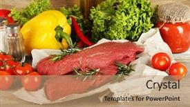  Presentation with fresh fruits vegetables groceries paper - Presentation having raw beef steak on paper background and a coral colored foreground