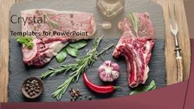  Presentation with steaks - PPT layouts featuring raw beef steaks with spices on the black cutting board background and a coral colored foreground