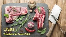  Presentation with steaks - Slide deck having raw beef steaks with spices on the black cutting board background and a tawny brown colored foreground