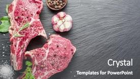  Presentation with steaks - Presentation theme with raw beef steaks with spices on black cutting board background and a dark gray colored foreground