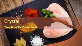  Presentation with pita bread on plate - Audience pleasing presentation theme consisting of animal nutrition - raw chicken breasts with spices backdrop and a tawny brown colored foreground