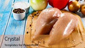  Presentation with vegetable cutting board - Colorful presentation design enhanced with raw chicken breasts with vegetables backdrop and a gold colored foreground