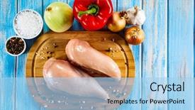  Presentation with vegetable cutting board - Cool new PPT theme with raw chicken breasts with vegetables backdrop and a light blue colored foreground