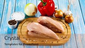  Presentation with vegetable cutting board - Colorful presentation theme enhanced with raw chicken breasts with vegetables backdrop and a  colored foreground