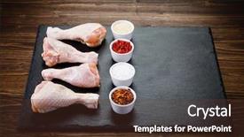  Presentation with animal cartoon chicken - PPT theme featuring raw chicken drumsticks on wooden background and a  colored foreground