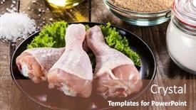  Presentation with chicken little chicks - PPT theme having raw chicken drumsticks on wooden background and a tawny brown colored foreground