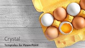  Presentation with chicken package - Slides having raw chicken eggs in package on wooden table background and a light gray colored foreground