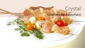  Presentation with kebab - PPT theme with raw chicken shish kebab on white plate background and a coral colored foreground