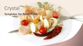  Presentation with kebab - PPT theme consisting of raw chicken shish kebab on white plate background and a coral colored foreground