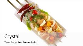  Presentation with kebab - Amazing PPT layouts having raw chicken shish kebab on long white plate backdrop and a white colored foreground