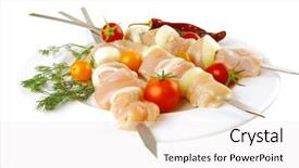  Presentation with kebab - Amazing PPT theme having raw chicken shish kebab on white plate backdrop and a white colored foreground
