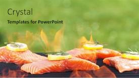  Presentation with fresh meat - Audience pleasing PPT theme consisting of raw-delicious-grilled-salmon-steaks backdrop and a yellow colored foreground