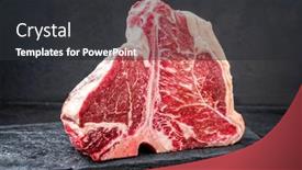  Presentation with wagyu - Amazing PPT theme having raw-dry-aged-wagyu-porterhouse backdrop and a dark gray colored foreground