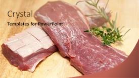  Presentation with breast - Colorful theme enhanced with raw duck breast on cutting board backdrop and a coral colored foreground