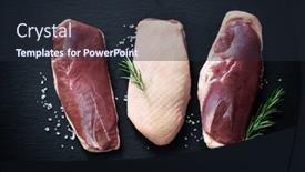  Presentation with breast - Presentation design featuring raw-duck-breast-pieces-garnished background and a wine colored foreground