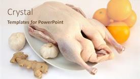  Presentation with duck - PPT theme consisting of raw duck with oranges ginger and garlic all of which are commonly used in recipes for the bird background and a lemonade colored foreground