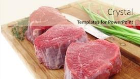  Presentation with fresh meat - Colorful slides enhanced with raw fillet chops fresh beef meat with thyme and red hot dry pepper on wooden plate isolated over white background backdrop and a lemonade colored foreground