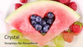  Presentation with fresh cut fruits vegetables - Theme consisting of raw food - fresh juicy watermelon slice background and a yellow colored foreground