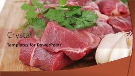  Presentation with fresh meat - Amazing PPT theme having raw fresh beef meat fillet on a wooden plate with dill hot green red peppers isolated over white background backdrop and a coral colored foreground