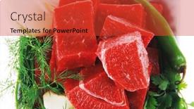  Presentation with fresh meat - Audience pleasing slide set consisting of raw fresh beef meat slices in a white bowls with dill and green hot peppers isolated over white backkground backdrop and a red colored foreground