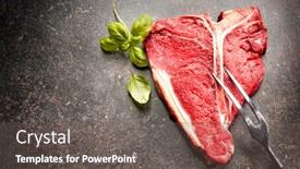  Presentation with bone - Slide deck with raw fresh beef t-bone steak and seasoning on dark background background and a tawny brown colored foreground