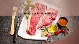  Presentation with bone - Colorful PPT theme enhanced with raw fresh beef t-bone steak and seasoning on dark background backdrop and a coral colored foreground