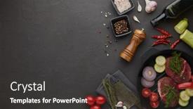  Presentation with fresh meat - Presentation design consisting of raw-fresh-meat-and-vegetables background and a dark gray colored foreground