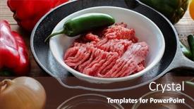  Presentation with ground beef - Theme having beef inside skillet with peppers background and a tawny brown colored foreground