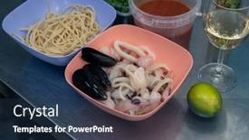  Presentation with pasta sauce - Presentation design enhanced with raw-ingredients-for-cooking-seafood background and a navy blue colored foreground