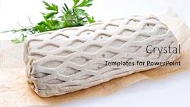  Presentation with puff pastry - Slide set having raw kasseler pork steak as piece in puff pastry with herbs as closeup offered on brown paper and white background with copy space background and a soft green colored foreground