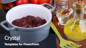  Presentation with liver - Amazing PPT theme having raw liver in pan on cooking surface close-up backdrop and a ocean colored foreground