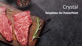  Presentation with steak - Amazing slide set having raw marbled beef steak on wooden board top view flat lay with copy space backdrop and a dark gray colored foreground