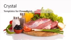  Presentation with raw meat - PPT layouts enhanced with raw meat and vegetables background and a  colored foreground