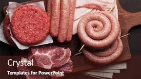  Presentation with raw meat - Beautiful presentation design featuring raw meat cutlet bacon and sausages top view backdrop and a tawny brown colored foreground