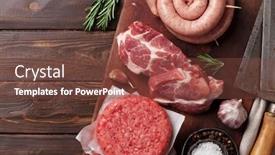  Presentation with recipe - Beautiful slide set featuring raw meat cutlet bacon and sausages top view with space for your recipe backdrop and a tawny brown colored foreground