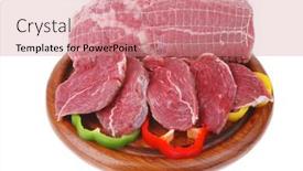  Presentation with raw meat - Beautiful presentation design featuring raw-meat-on-wood-over backdrop and a coral colored foreground