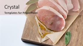  Presentation with sage - Slides consisting of raw meat pork escalope with sauce made of honey and herbs with green sage leaves on wooden board against white background top view background and a coral colored foreground