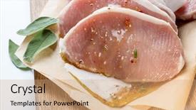  Presentation with sage - Audience pleasing PPT theme consisting of raw meat pork escalope with sauce made of honey and herbs with green sage leaves on wooden board against white background top view backdrop and a coral colored foreground