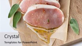  Presentation with sage - PPT theme having raw meat pork escalope with sauce made of honey and herbs with green sage leaves on wooden board against white background top view background and a coral colored foreground