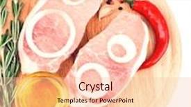  Presentation with raw meat - Presentation theme consisting of raw meat steak with herbs spices onion rings on cutting board isolated on white background and a lemonade colored foreground