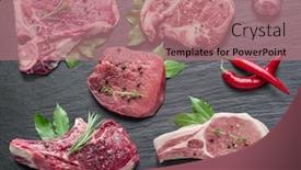  Presentation with raw meat - PPT theme featuring raw meat steaks with spices on the black cutting board background and a coral colored foreground