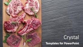  Presentation with raw meat - Amazing PPT layouts having raw meat steaks with spices backdrop and a dark gray colored foreground