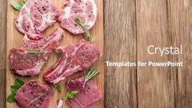  Presentation with raw meat - Audience pleasing PPT theme consisting of raw meat steaks with spices backdrop and a coral colored foreground