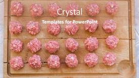  Presentation with porc chalk board - Colorful presentation design enhanced with raw meatballs of iberico pork on the cutting board prepared for cooking backdrop and a coral colored foreground